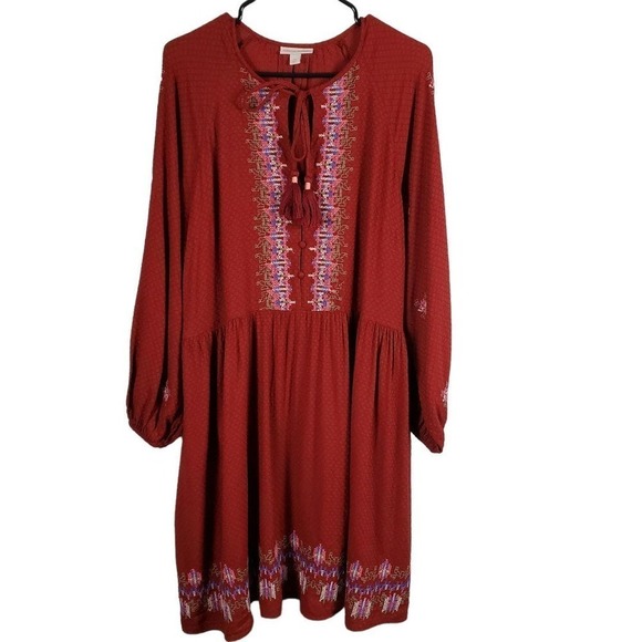 Knox Rose Balloon Long Sleeve Embroidered Tassel Red Boho Dress Size XXL - Picture 1 of 10